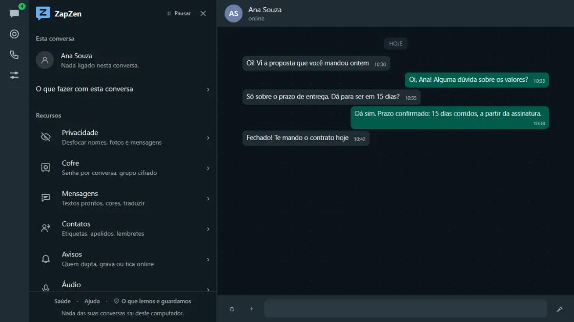 The ZapZen panel open next to a chat, with the Privacy, Vault, Messages, Contacts and Notices categories.